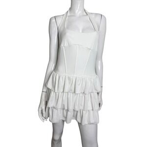 Top Chic White Ribbed Strapless Corset Ruffle Mini Dress Large NEW